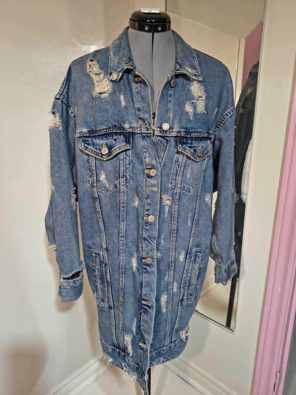 Zara Distressed Long Blue Denim Jacket